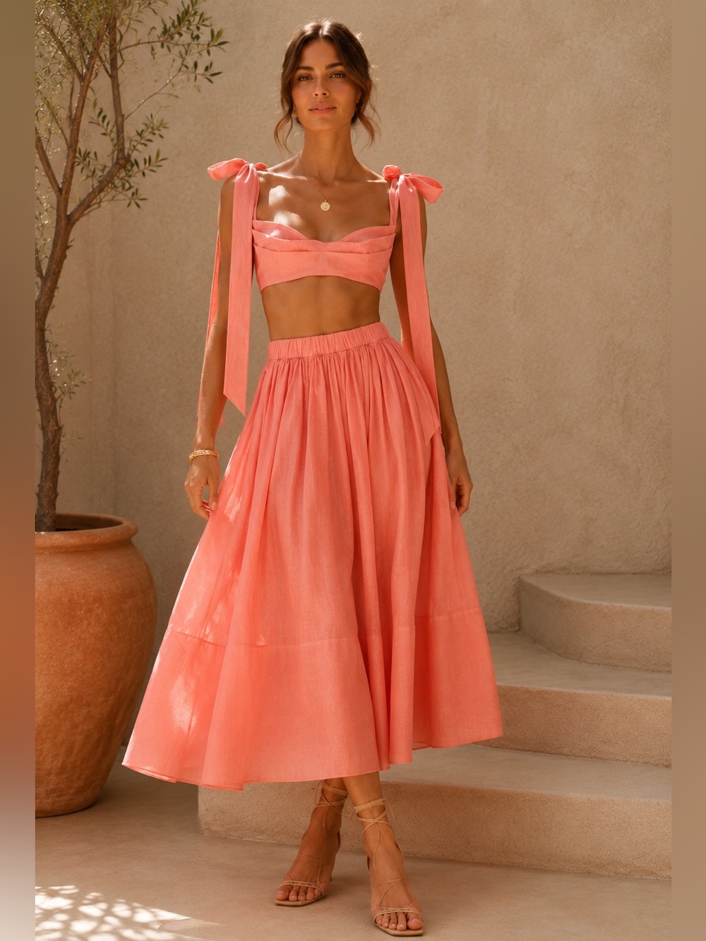 Zimmermann Coral Pink Linen Silk Tie Shoulder Crop Top